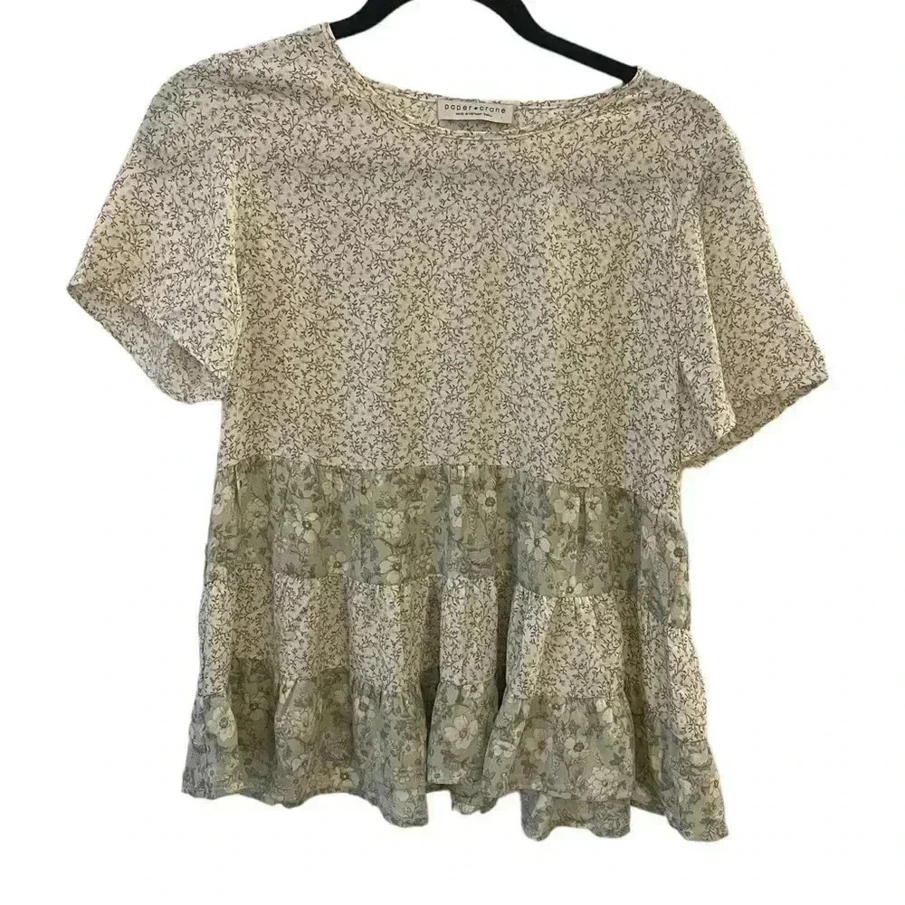 Paper Crane mixed media baby doll short sleeve top green floral small - Picture 3 of 9
